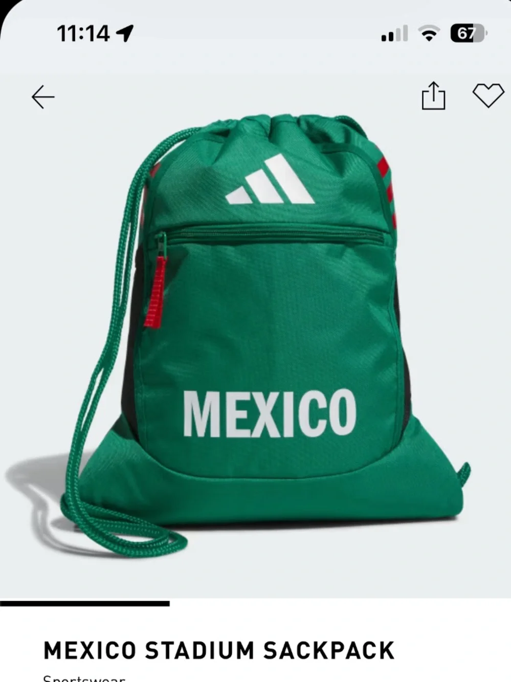 NWTS Adidas Mexico Stadium Sackpack in green with red stripes on the top